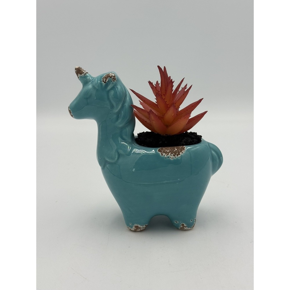 Blue Ceramic Small Unicorn Planter With Faux Plant